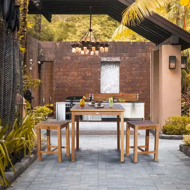 Chic Teak 3 Piece Teak Wood Seville Medium Counter Height Patio Bistro Dining Set, 2 Counters Stools and 35 Square Table