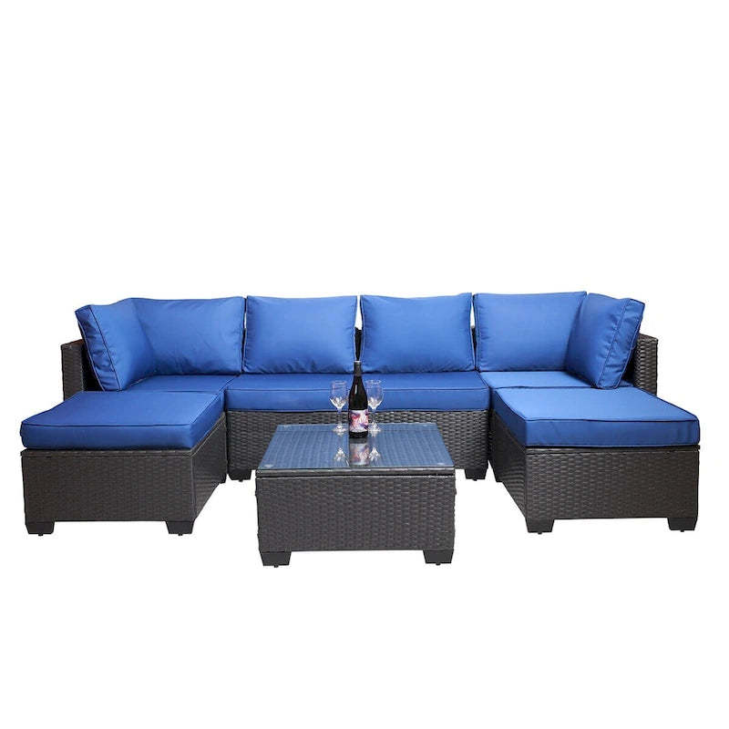 Black+Dark Blue 7-piece Outdoor Garden Patio Sofa Sets with Coffee Table, Rust-Resistant Metal Frame