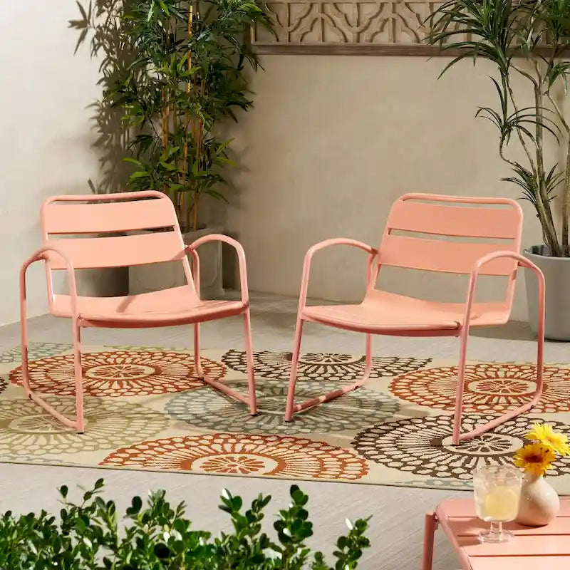 Set of 2 Modern Pink Metal Outdoor Patio Chairs, Weather Resistant and Water Resistant