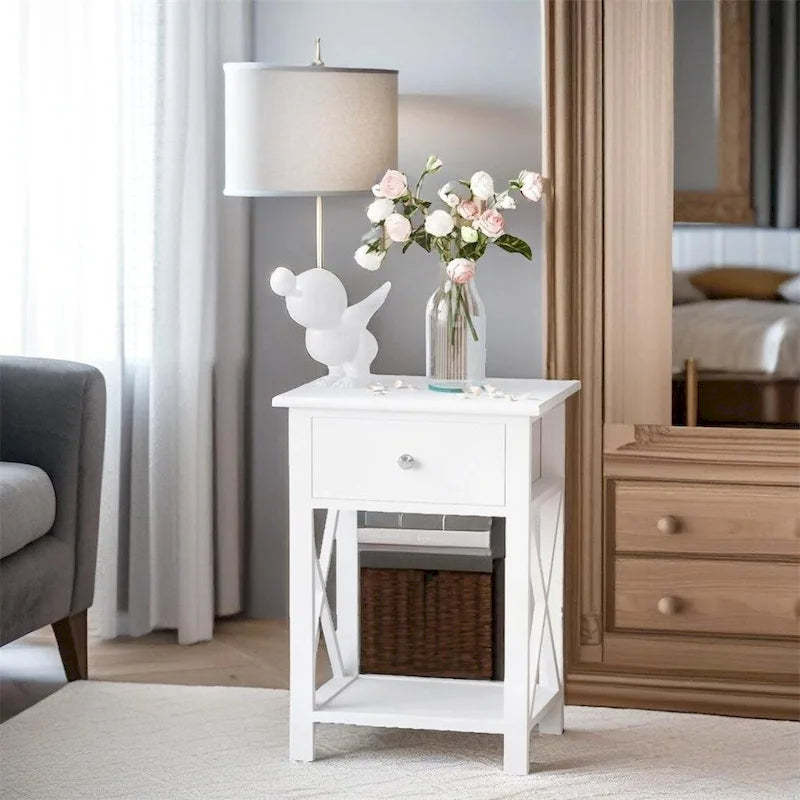 Side Table,Farmhouse End Table w/Storage Drawer,Open Shelf and X-frame