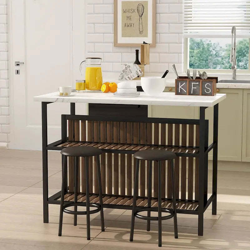Grondin Mid-Century Modern 3-Piece Faux Marble Top Kitchen Island Set with 2 Stools and Shelves - N/A