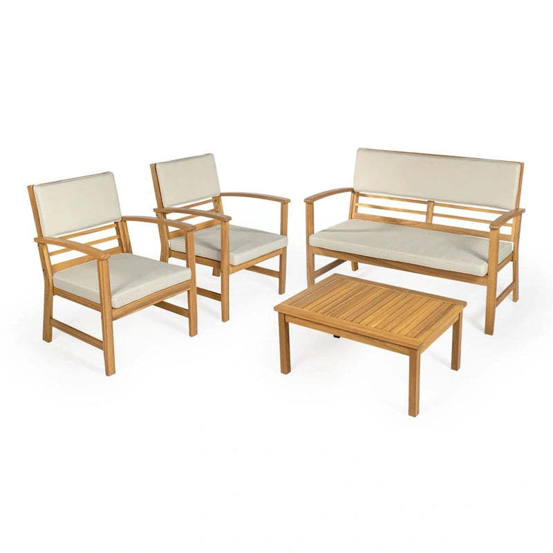 Freja 4-Piece Modern Coastal Acacia Wood Conversation Outdoor Patio Set with Cushions, by JONATHAN Y