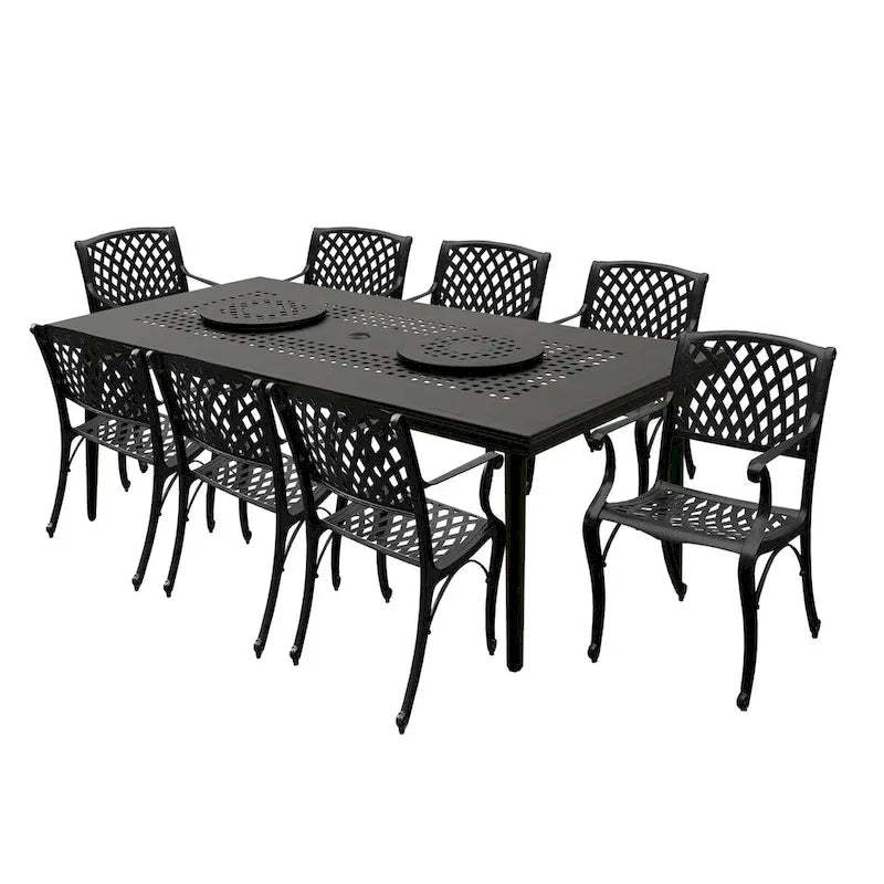 Modern Ornate Outdoor Mesh Aluminum 84-in Large Rectangular Patio Dining Set with Two Lazy Susans and Eight Chairs - N/A