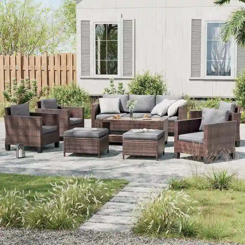 LIVOOSUN 8-Piece Patio Grey Rattan Furniture Conversation Sofa Sets