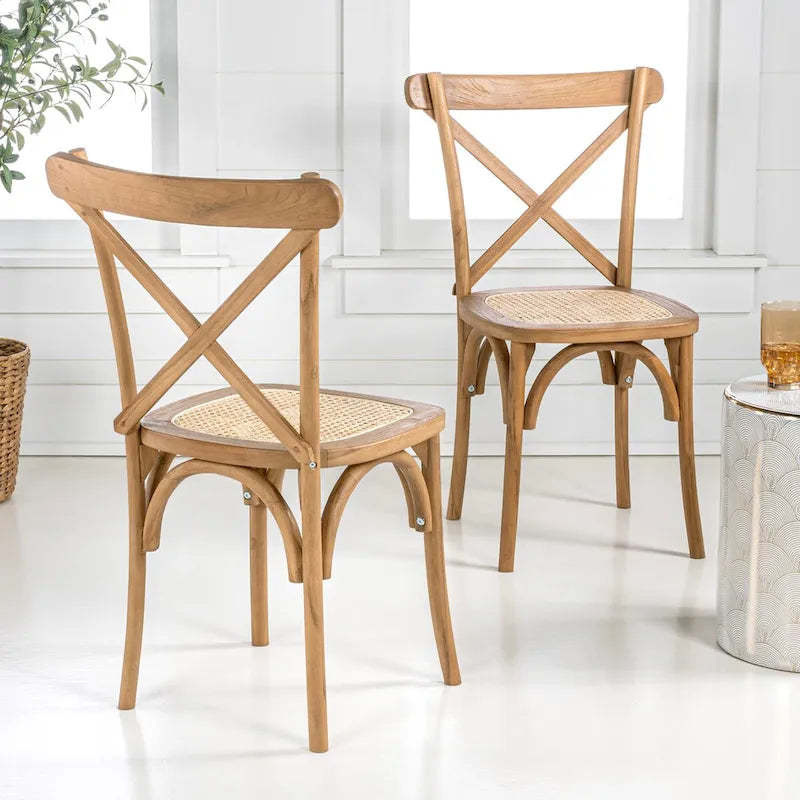 Colmar Classic Traditional X-Back Wood Rattan Dining Chair, Natural (Set of 2) by JONATHAN Y