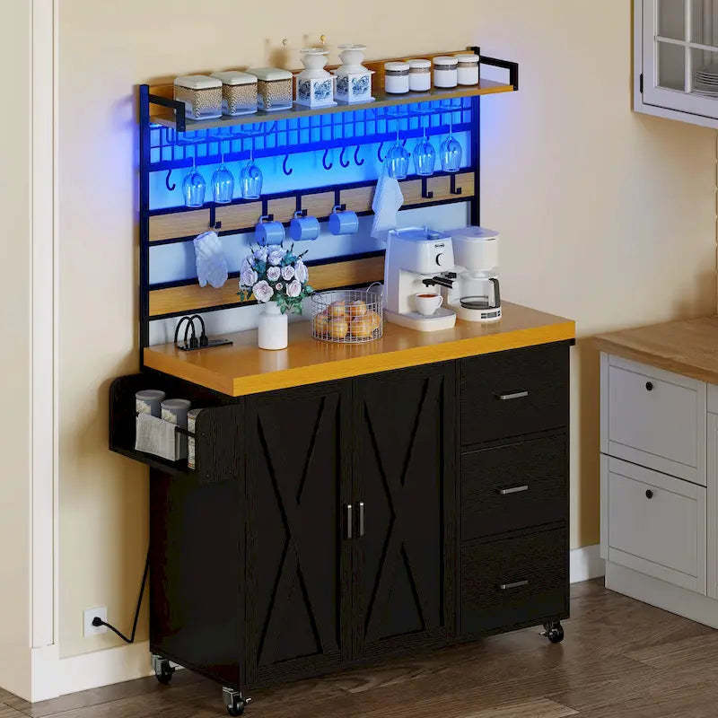 Moasis Large Rolling Kitchen Island Bakers Rack with Power Outlet, LED Light & Tall Shelf