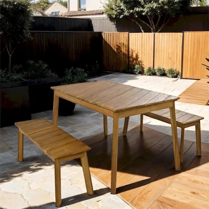 3 Pieces Outdoor Acacia Wood Dining Set with 2 Benches and Table