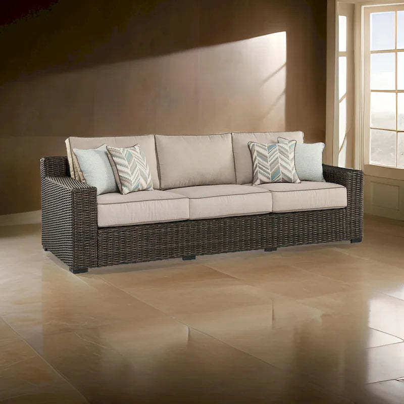 Waga 97 Inch Outdoor Sofa, 4 Throw Pillows, Brown Resin Wicker, Beige