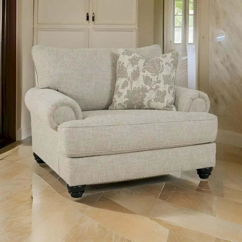 Asen 51 Inch Wide Oversized Chair, 1 Pillow, Rolled Arms, Beige Polyester