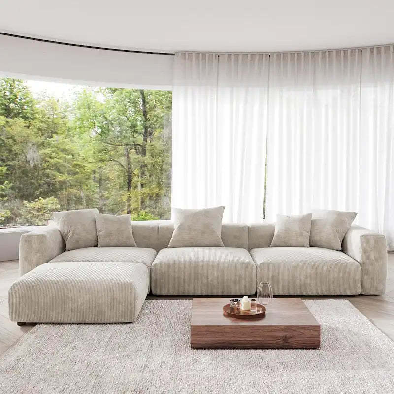 4-Piece L-Shape Sectional Sofa Corduroy Upholstered Couch with Ottoman