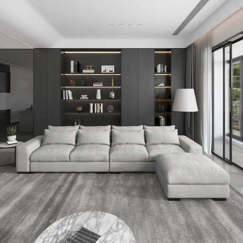 150 Wide L-Shape Linen Sofa Couch, Modern Feather Filled 5-Seat Sectional Sofa Couch with Ottoman