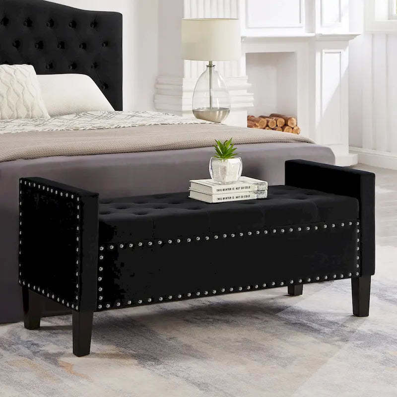 Upholstered Tufted Button Storage Bench with Nails Trim and Arms