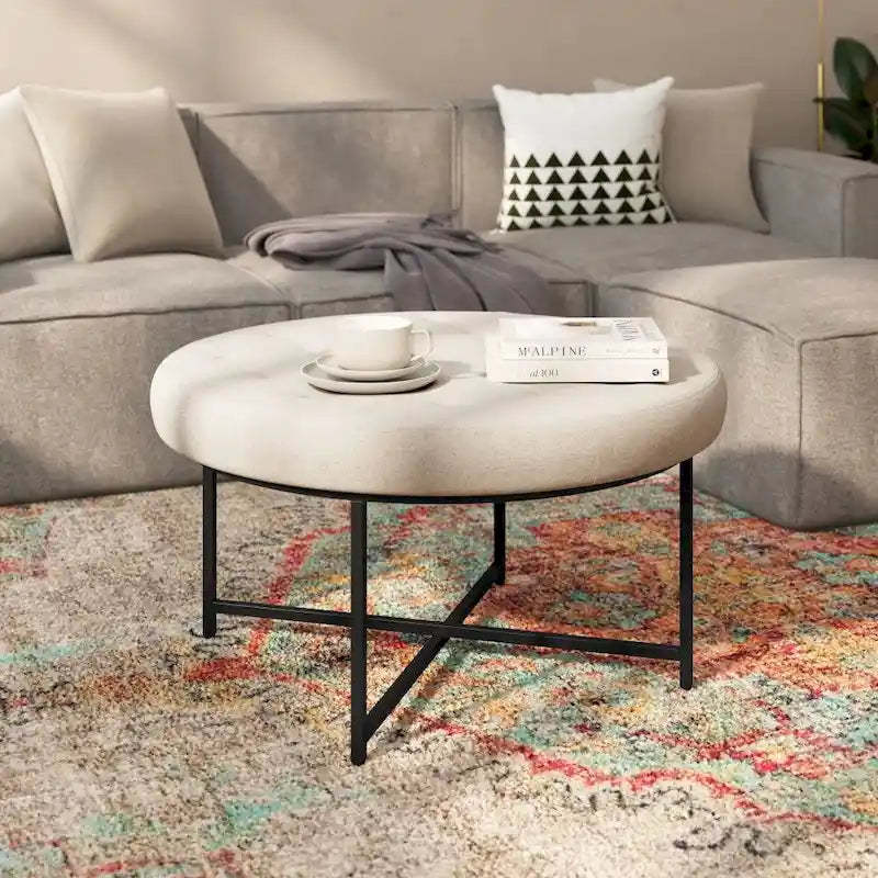 Tufted Round Cotton Linen Ottoman with Iron Frame