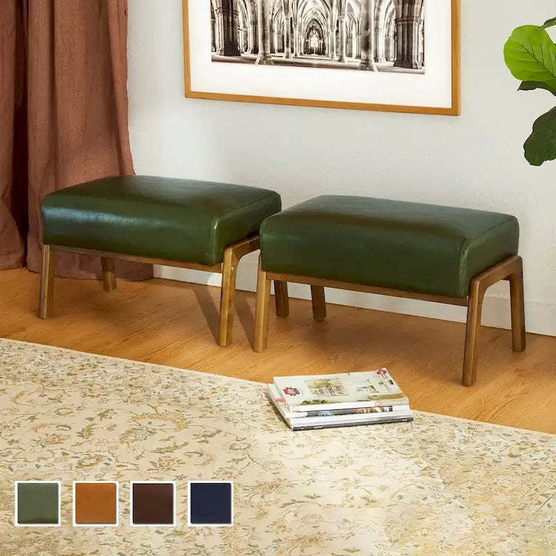 Glitzhome Set of 2 Mid-century Leatherette Ottoman Accent Stools