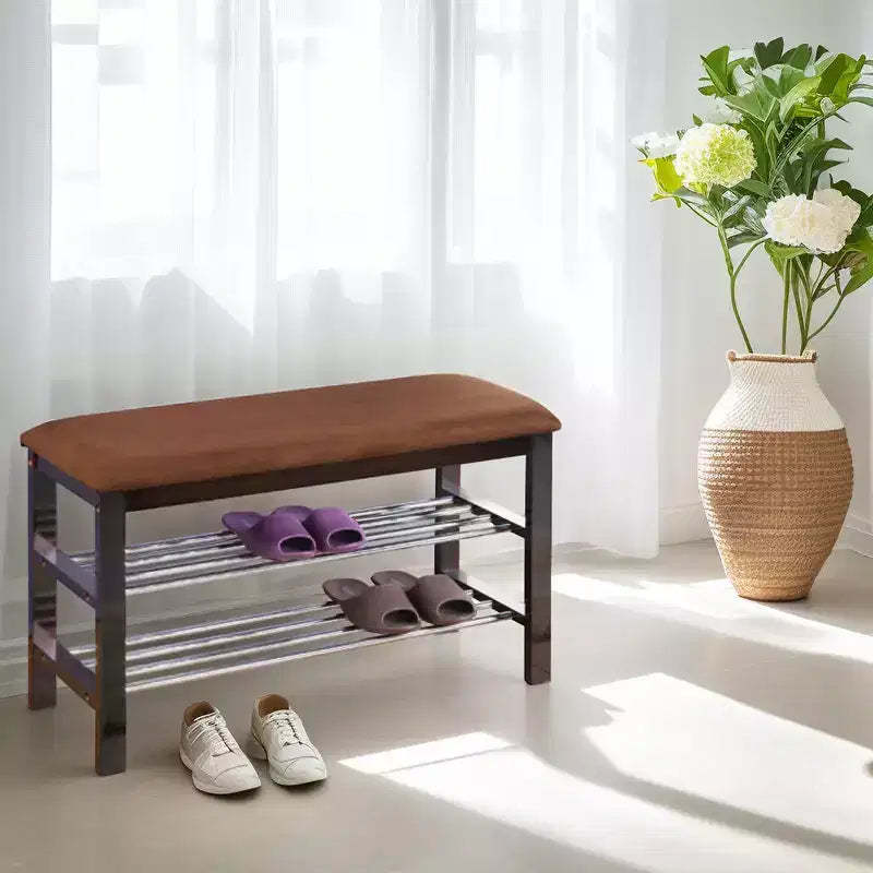 Wood Shoe Bench with Cushion, 3 Tiers Shoe Storage Bench, Entryway Shoe Rack Organizer, Storage Bench for Hallway Bedroom Living Room Mudroom