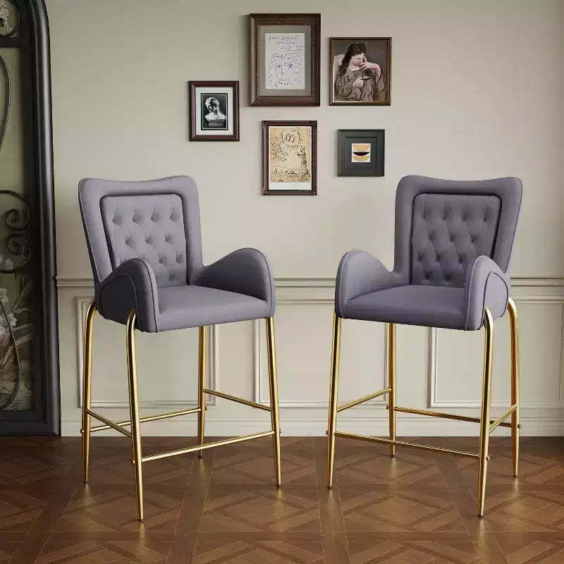Set of 2 Counter Height Bar Stools with Golden Metal Frame, Velvet Tufted Stools -ModernLuxe