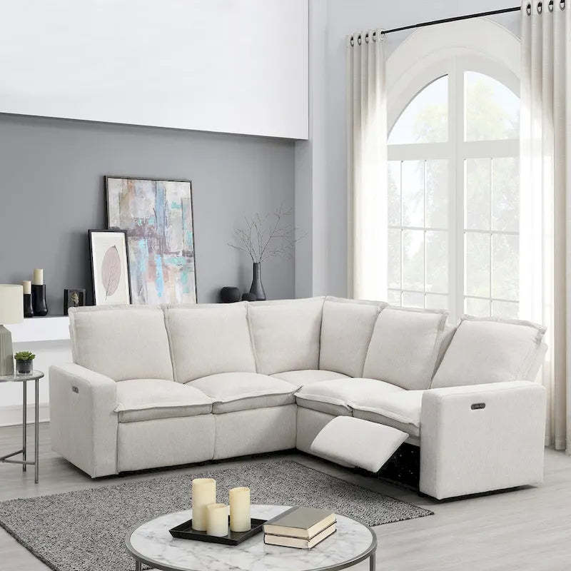 Power Recliner Chair Linen Upholstered L-Shaped Sectional Sofa, Home Theater Seating Soft Chair with USB Port for Living Room
