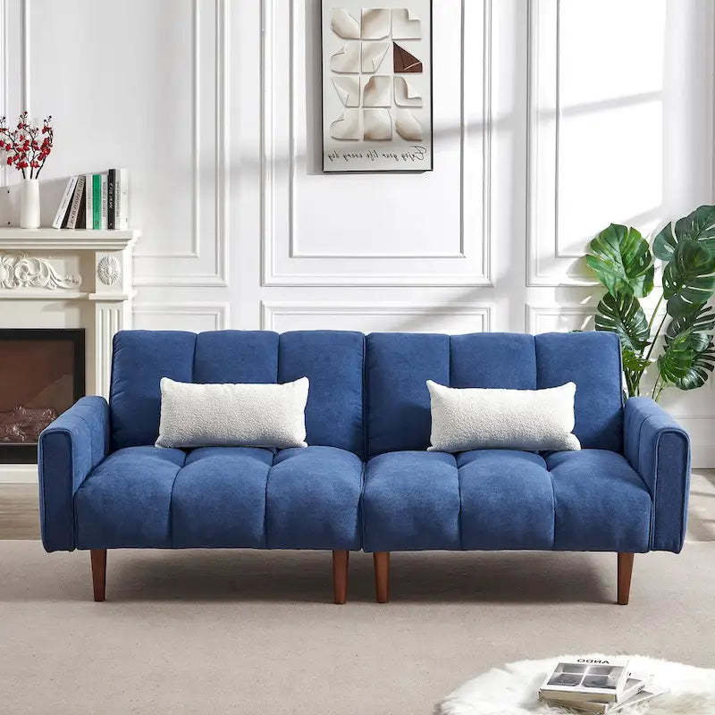 Convertible Futon Sofa Bed, Adjustable Couch Sleeper, Modern Fabric Linen Upholstered Futon Sofa bed with 2 Pillows