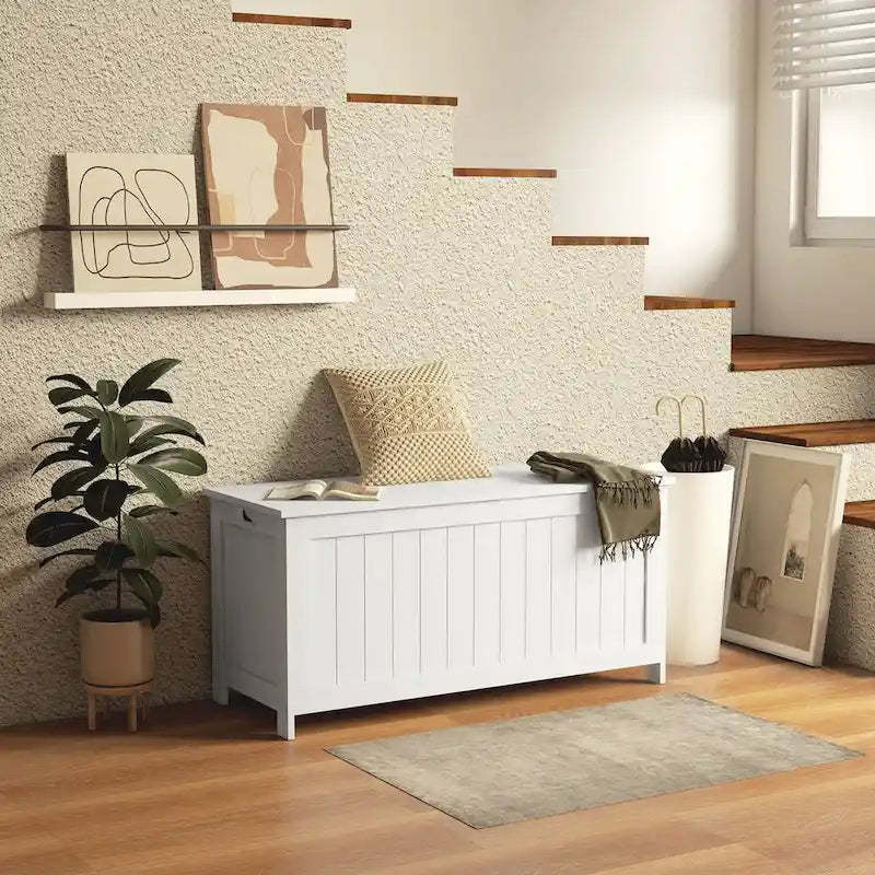 HOMCOM Storage Chest, Wooden Box with 2 Safety Hinges and Cut-out Handles, Modern Storage Trunk for Living Room, Entryway