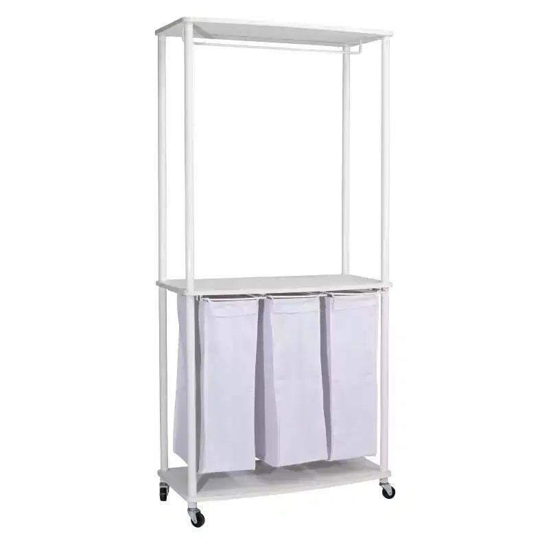 3-Bag Laundry Center, Smooth Laminate Shelving, Sturdy Steel Frame, Hanging Bar, Wheeling and Stationary Feet Options