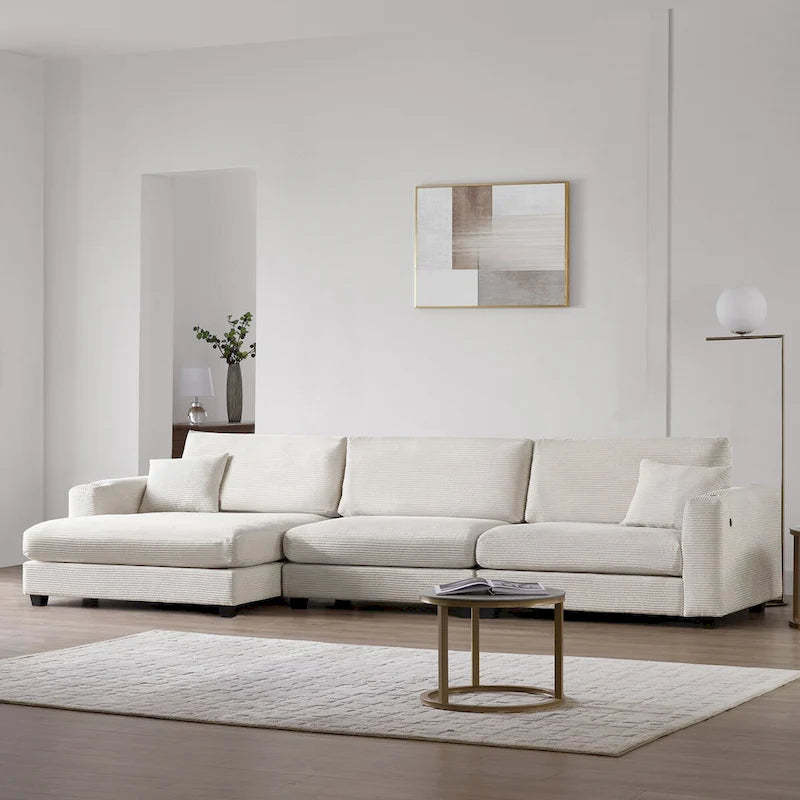Large L-Shaped Cloud Couch in Beige Corduroy - Deep Seat Sofa Bed with USB, Cup Holder