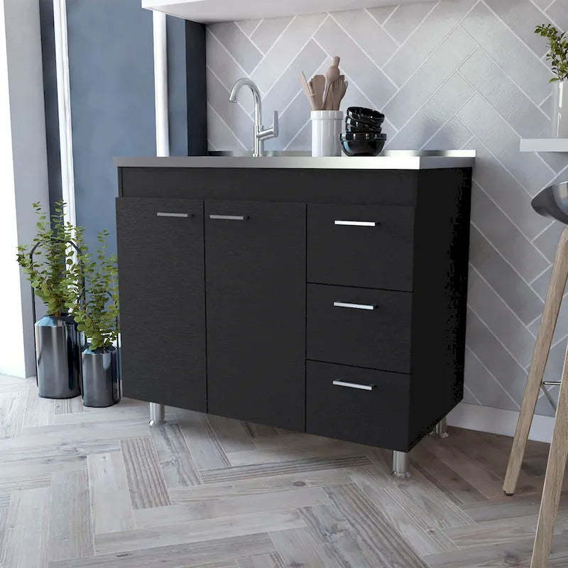 Darien melamine base cabinet, three drawers and stainless steel top. - N/A