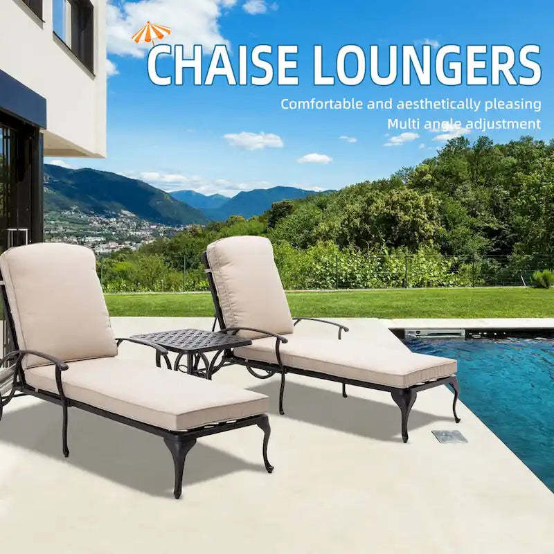 3-Piece Aluminum Reclining Outdoor Chaise Lounge with Cushions and Table