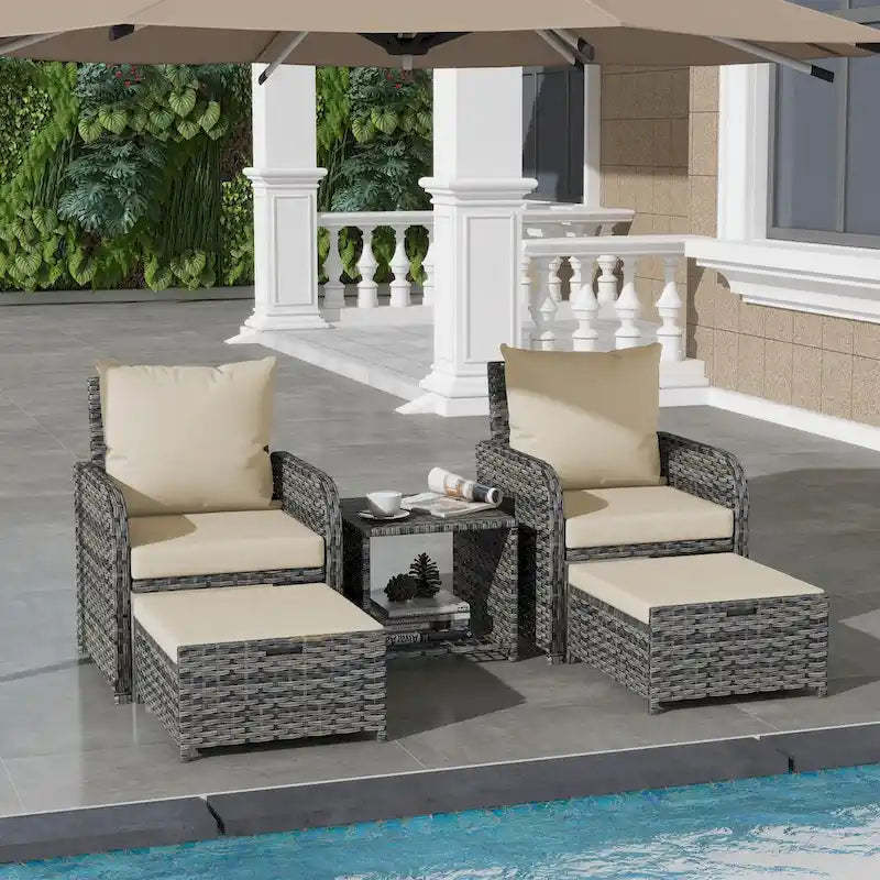 5 Pieces Patio Conversation Set with Cushions Coffee Table and 2 Ottomans