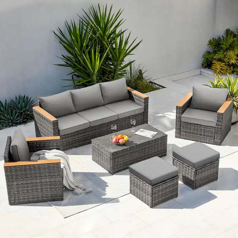 6-Piece Wicker Outdoor Sectional Furniture Set with Cushions and Coffee Table