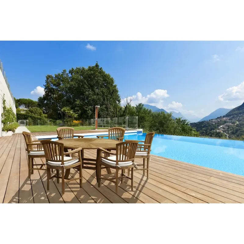 Chic Teak 7 Piece Teak Wood Sun Table/Chair Set With Cushions