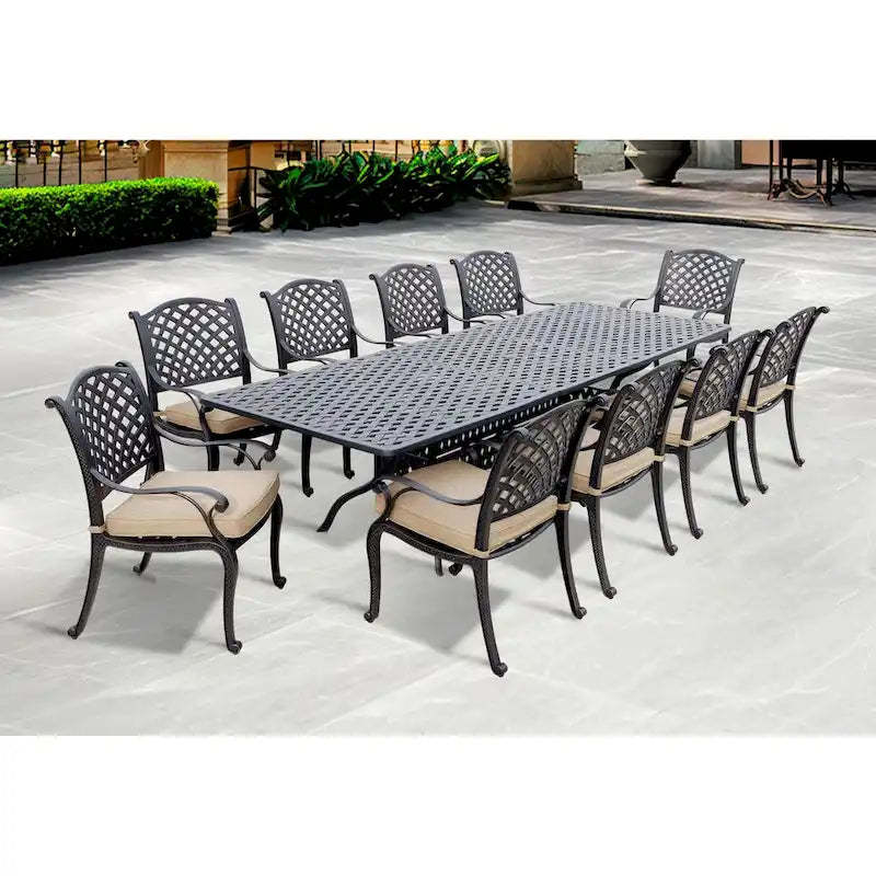 Nassau 11-Piece Patio Dining Set with Sesame Cushions and 42 x 92 / 42 x 120 Rectangular Extension Dining Table