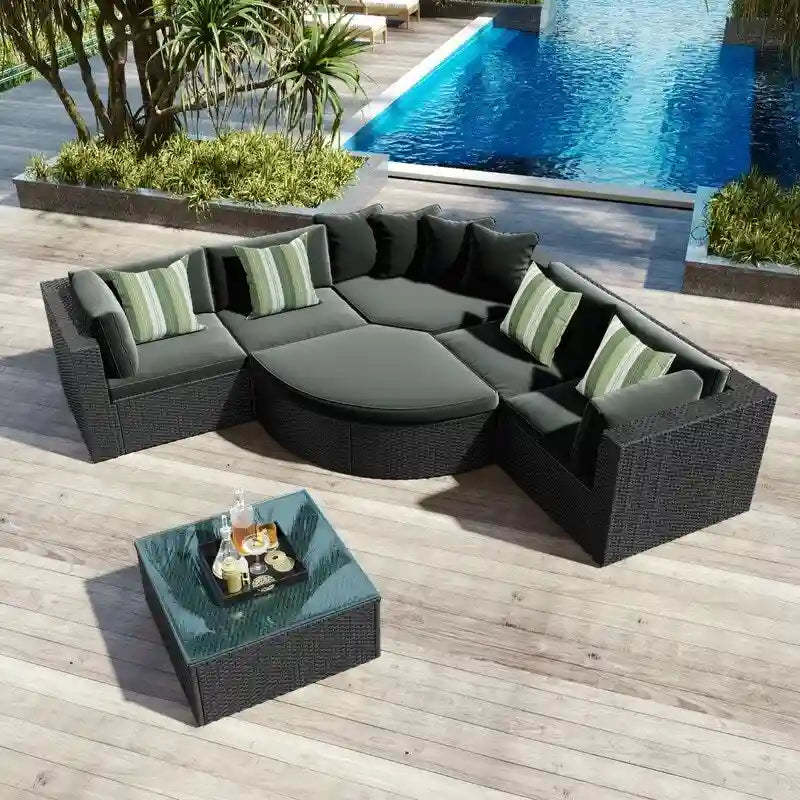 7-piece Outdoor Wicker Conversation Sofa Set With Striped Green Pillows
