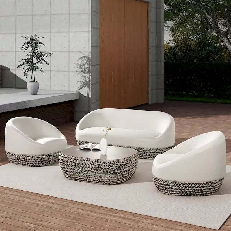 Willow 4-Piece Rope Woven Deep Seating Patio Conversation Set