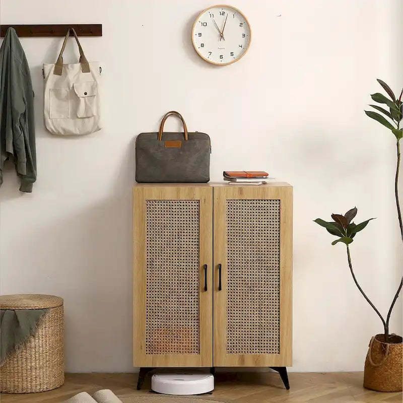 Rattan Mesh Double-Door Shoe Cabinet with Large Storage Space and Durable Structure