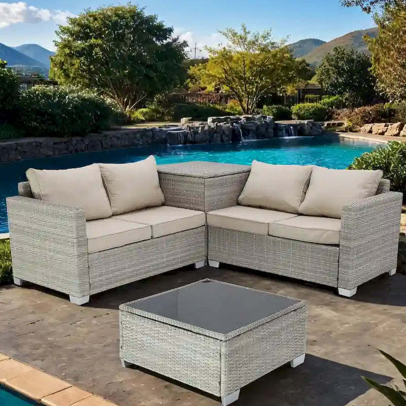 4-Pieces Gray Wicker Outdoor Sectional Set with Cushions and Storage Box