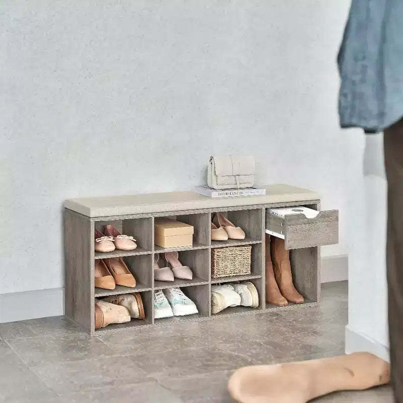 Storage Bench, Entryway Bench with Cushion, Drawer and Open Compartments, Bench with Storage, for Living Room, Bedroom, Closet