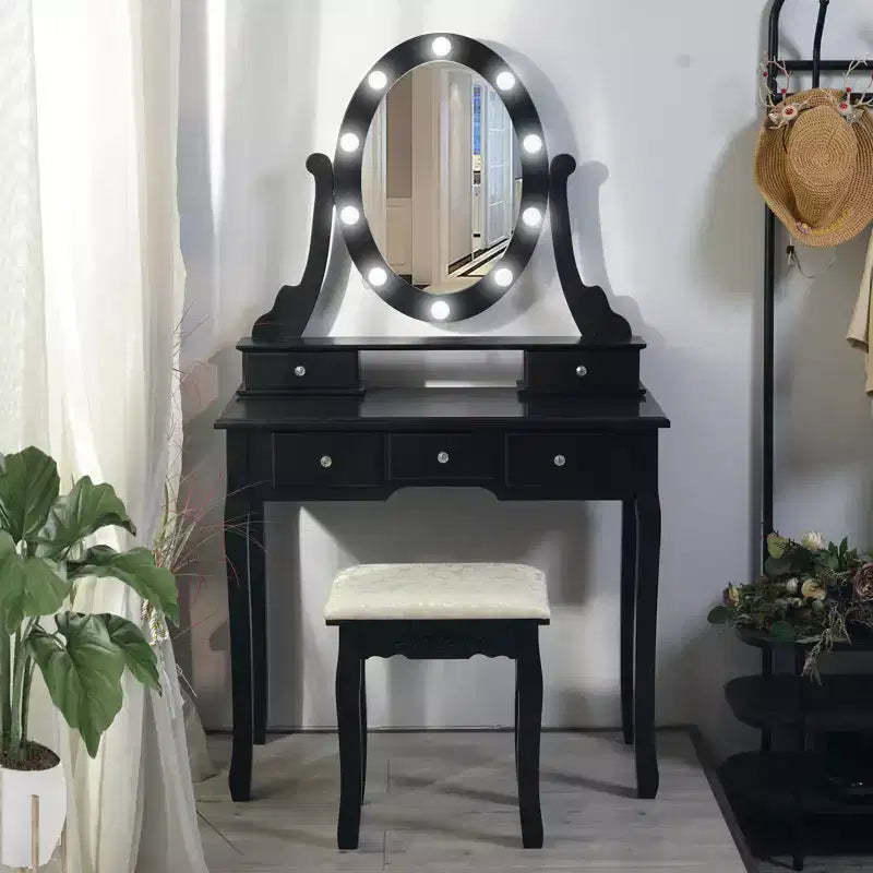 Modern Makeup Vanity, Girls Vanity Set with Lighted Mirror and Cushioned Stool