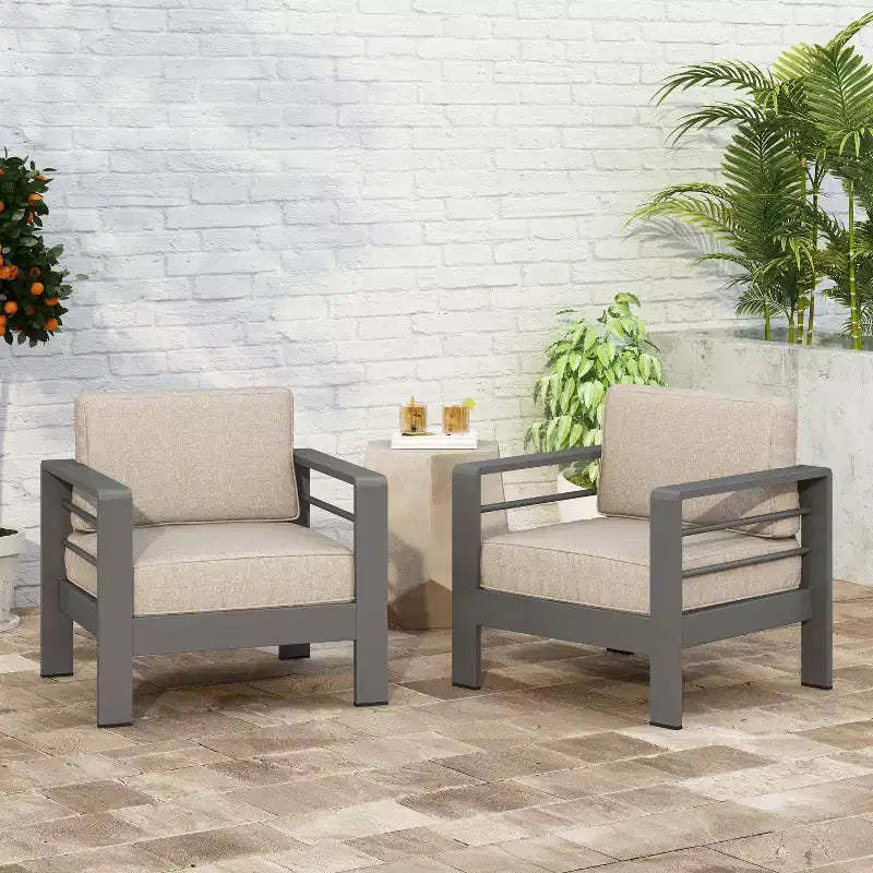 Christopher Knight Home Mysti Modern Outdoor Aluminum Club Chair with Cushions(Set of 2), Gray/Beige