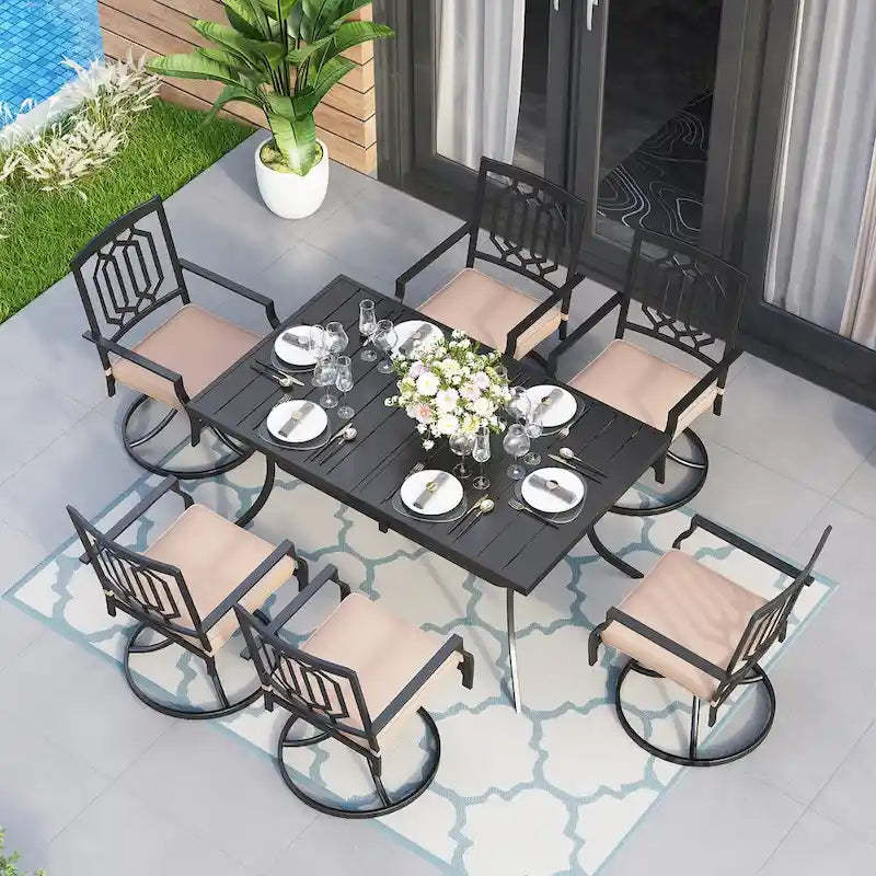 MAISON ARTS 7 Pieces Patio Dining Set, 6 x Swivel Dining Chairs with Cushion and 1 Metal Table with 2.6 Umbrella Hole