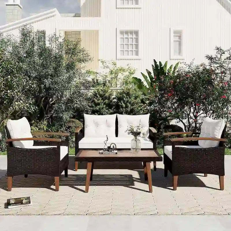 4 Piece Outdoor Patio Conversation Set, Double Sofa with 2 Single Sofas and Coffee Table