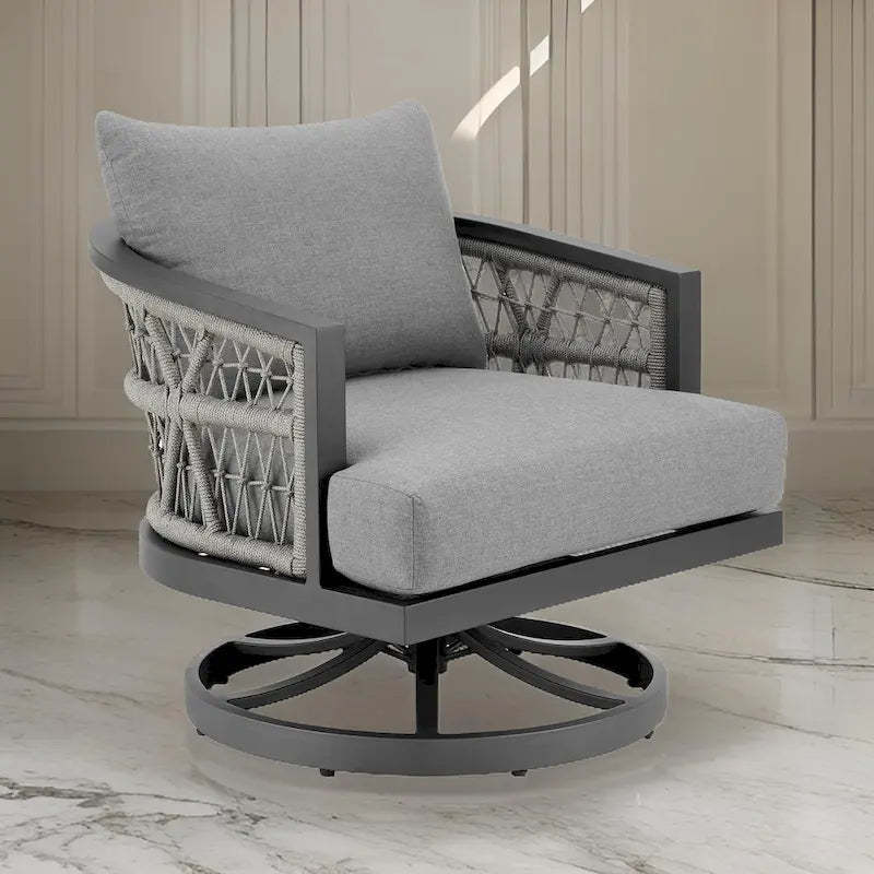 Hosa 30 Inch Outdoor Patio Swivel Armchair, Gray Metal Frame, Woven Rope