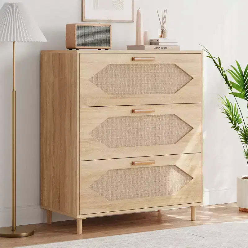Garvee 3 Drawer Dresser for Bedroom, Rattan Front Chest of Drawers, Rustic Wood Nightstand Storage for Living Room Hallway