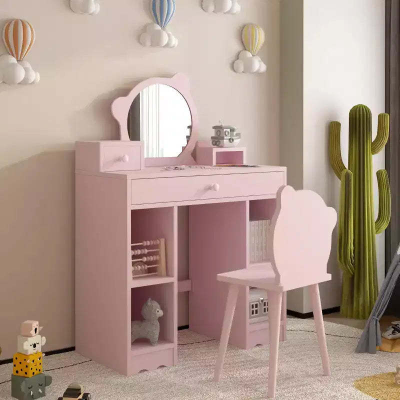 Kids Wooden Play Vanity Set with Vanity Table, Mirror, Storage Drawer & Shelves, and Matching Stool, Pink
