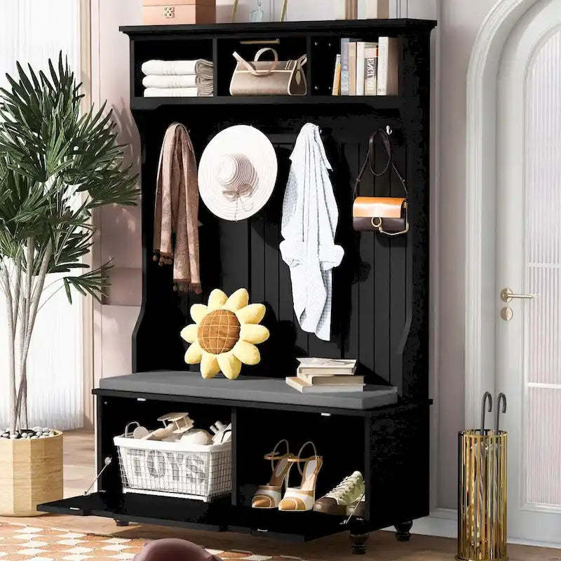 47.2 Entryway Bench with Coat Rack, Cushion and 4 Sturdy Hooks for Hallway, Entryway, Living Room