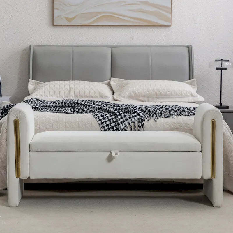 Velvet Fabric Storage Bench Bedroom Bench With Gold Metal Trim Strip For Living Room Bedroom Indoor,Ivory