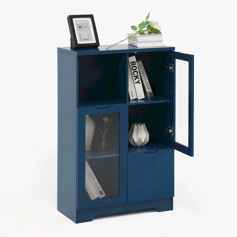 Wooden Floor Cabinet with 2 Glass Doors and 2 Storage Space,Living Room Bathroom Entryway