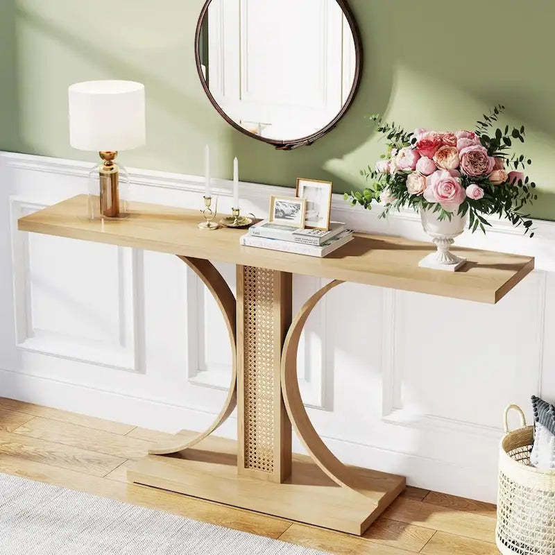 55 Inches Rattan Console Table, Farmhouse Hallway Table Entryway Table