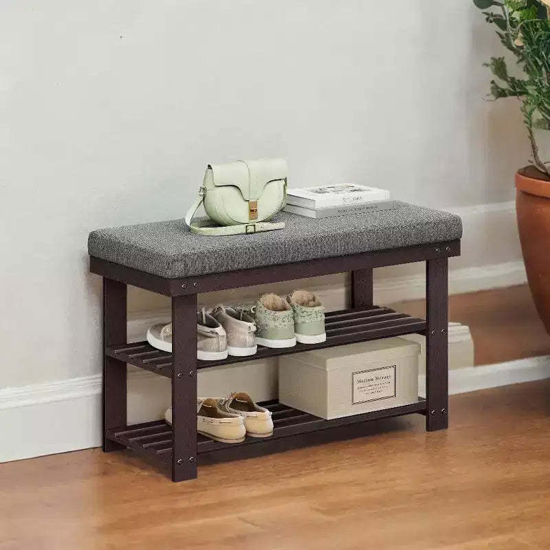 Bamboo Shoe Bench, 3-Tier Shoe Rack, Stable Shoe Organizer for Entryway, Living Room, Bench Seat Holds Up to 330 lb, 11.4 x 28 x 19.3 Inches