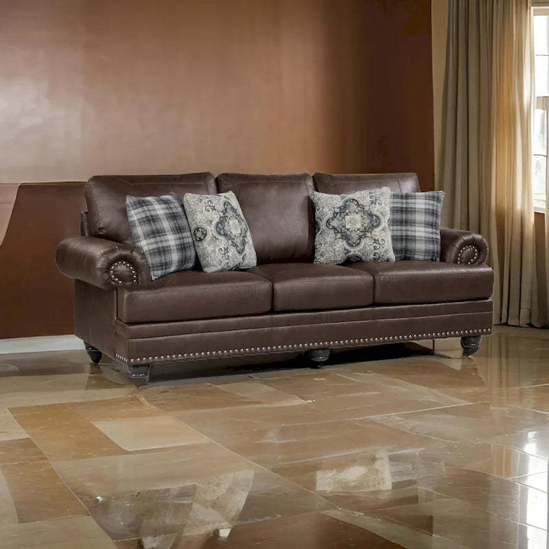 Jade 98 Inch Sofa, Rich Brown Microfiber, 4 Pillows, Soft Cushions, Wood