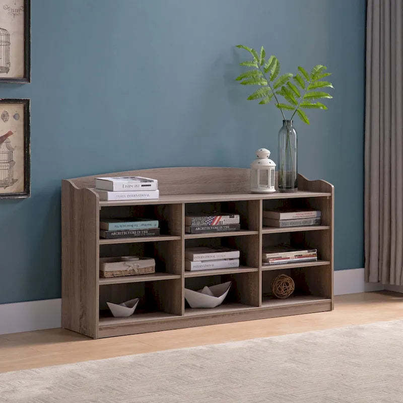 Wooden Shoe Storage Bench, Nine Storage Shelves, Entryway Organizer, Dark Taupe